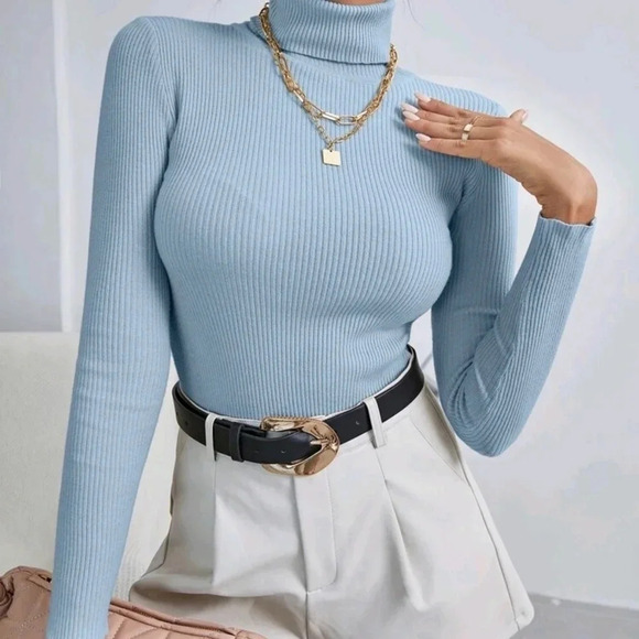 Solid High Neck Rib-Knit Sweater - Picture 6 of 6
